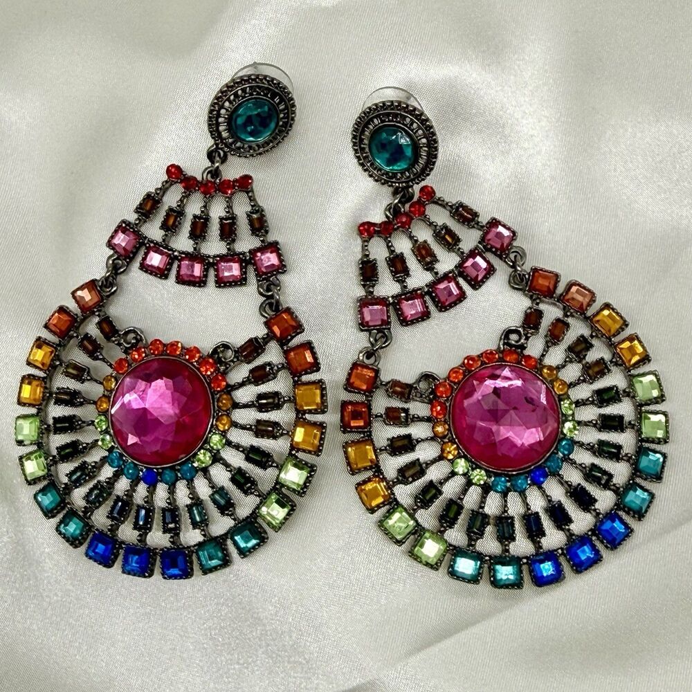 Statement Rainbow Color Earrings Post Vntg Silver Tone Boho Dangle X-Large 3.25”